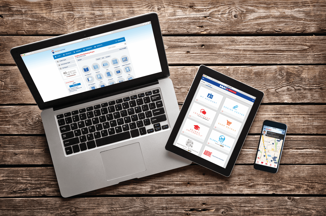 A collage of mobile devices displaying RE/MAX web tools
